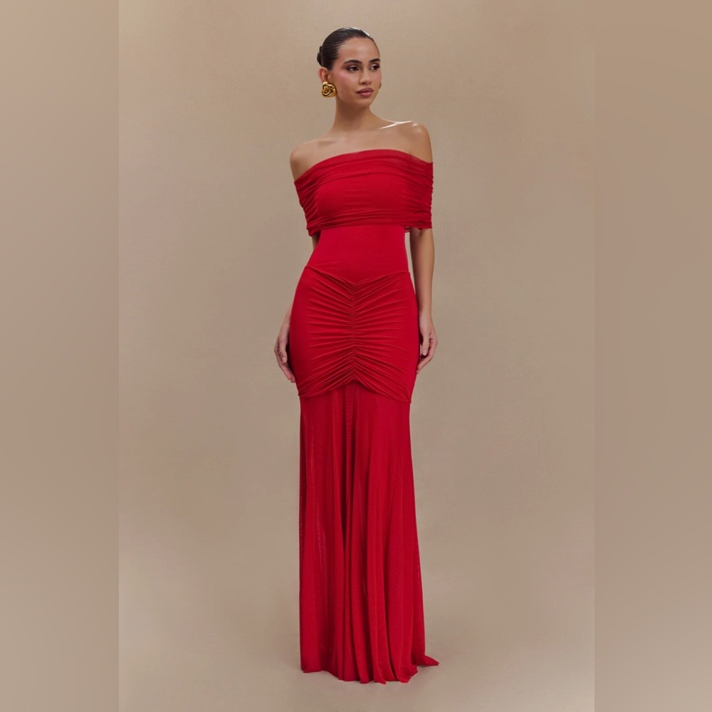 Meshki Red Off-Shoulder Ruched Maxi Dress
